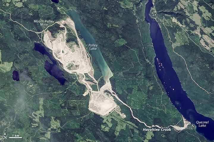 Aerial view of the earthen dam at Mount Polley Mine in British Columbia that breached on August 4, 2014, sending contaminated water into nearby lakes.